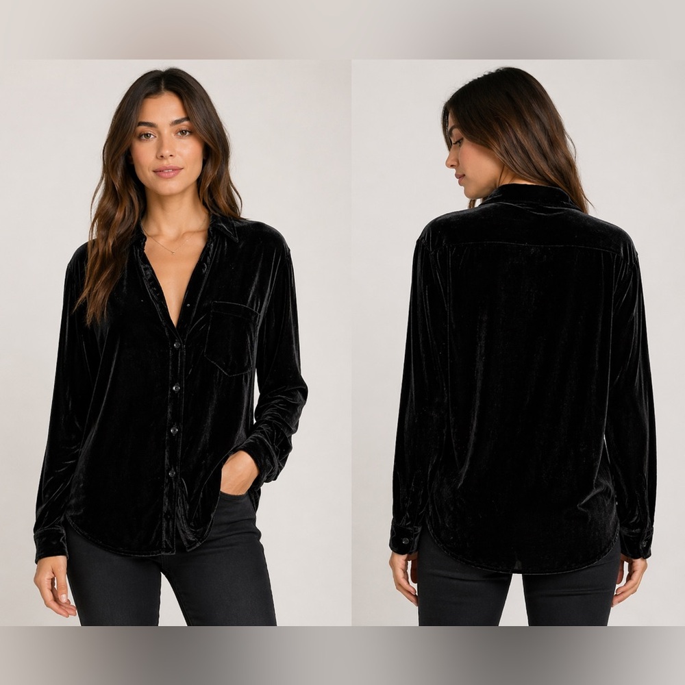 Elan Black Velvet Velour Button Down Long Sleeve Shirt Size S Small Chest Pocket
